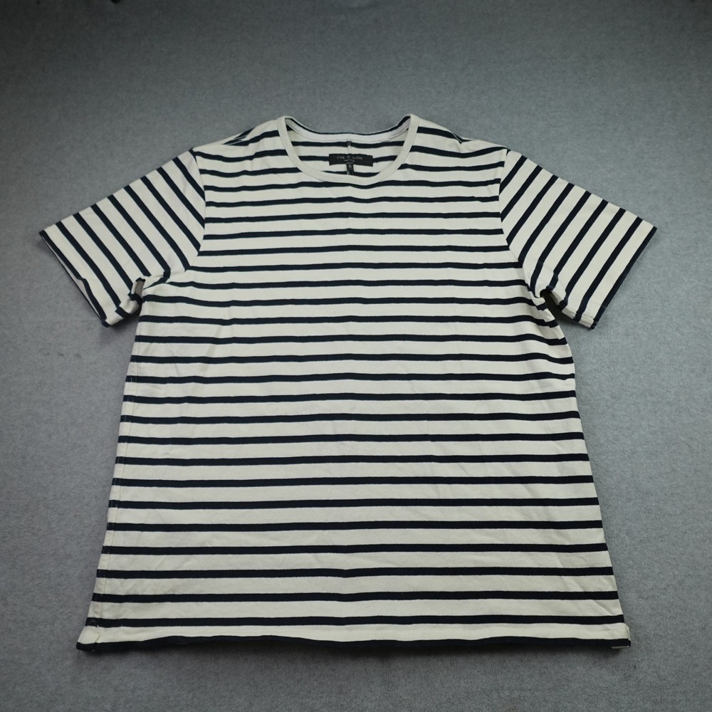 Rag & Bone T-Shirt Mens XL Cream Navy Blue Striped Casual Short Sleeve Tee